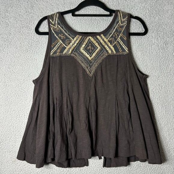 Free People Top Womens S Gray Embroidered Tank Swing‎ Back Cutout Top Boho Flowy - Picture 1 of 11